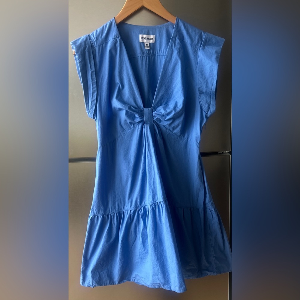 Steve Madden Blue Cotton Tie Front Mini Dress Ruffle Hem Size M